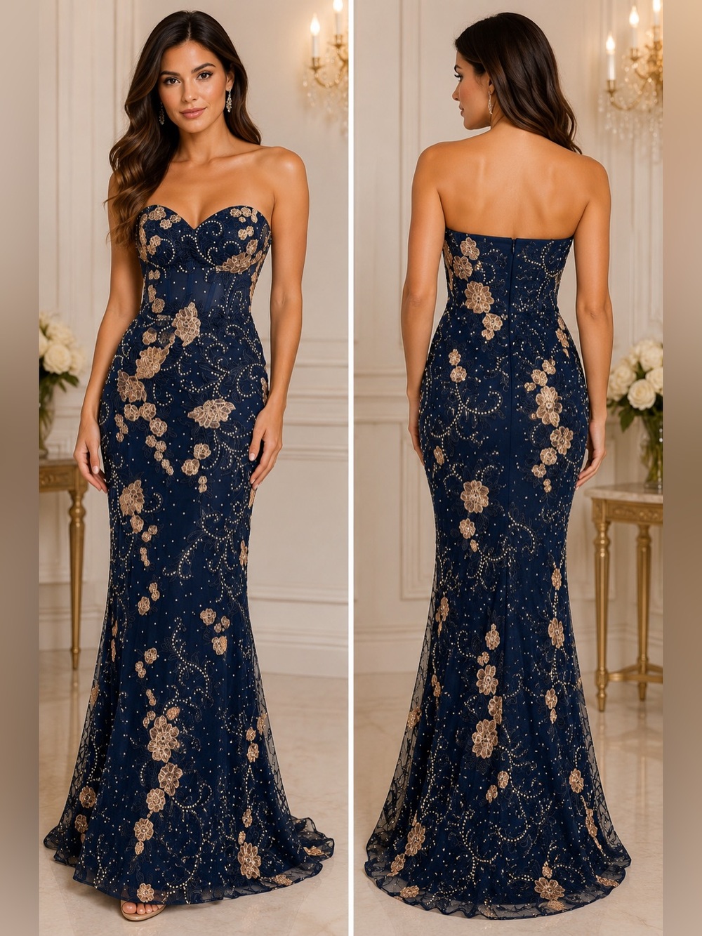 Laluxela Couture Navy Sheer Corset Gold Metallic Lace Sequin Prom Gown 2 NWOT